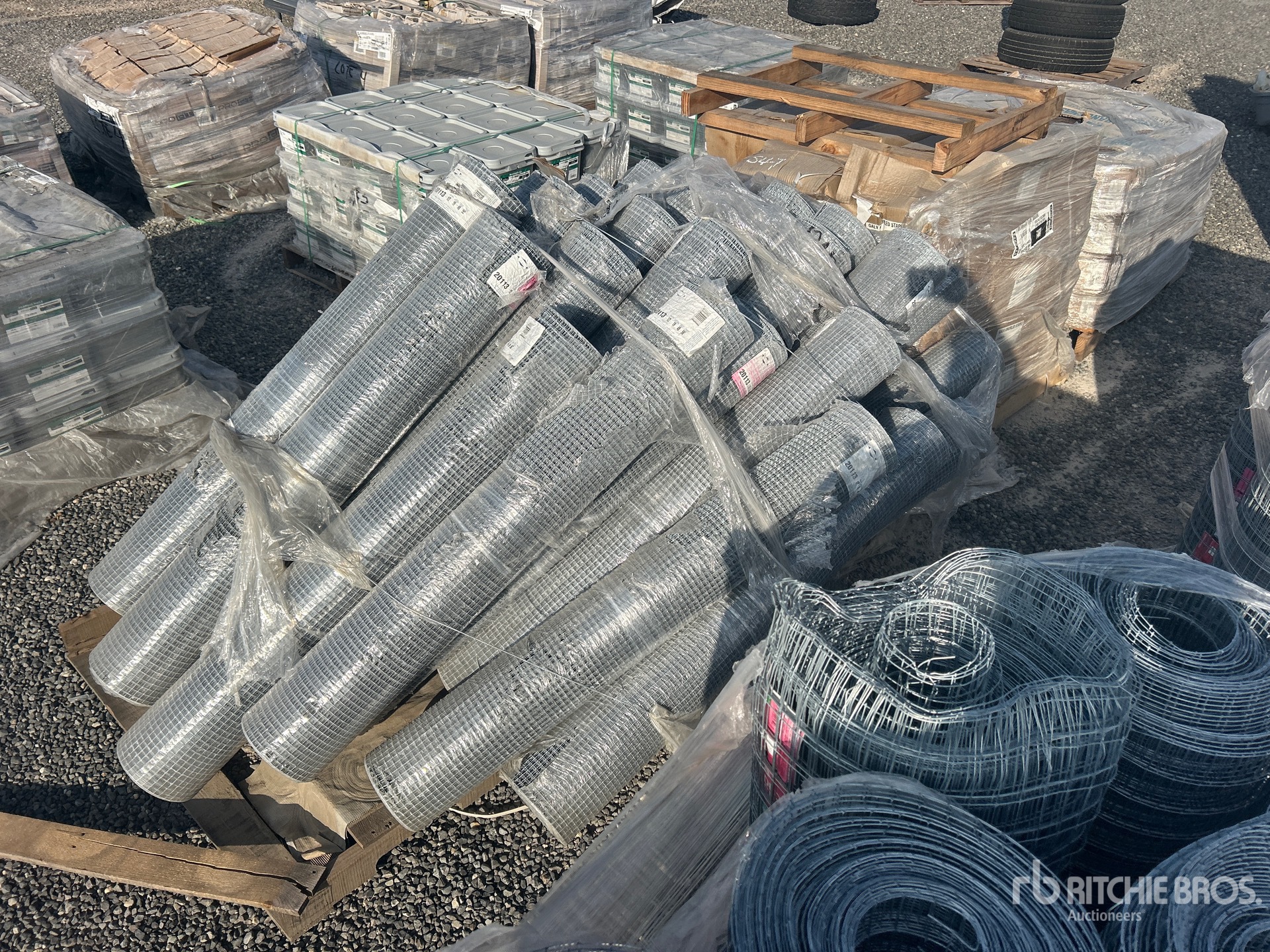Quantity of (3) Pallets of Baler Wire, 1 3/4 in Galvanized Knurled Staples & Utility Hardware Cloths (Unused)