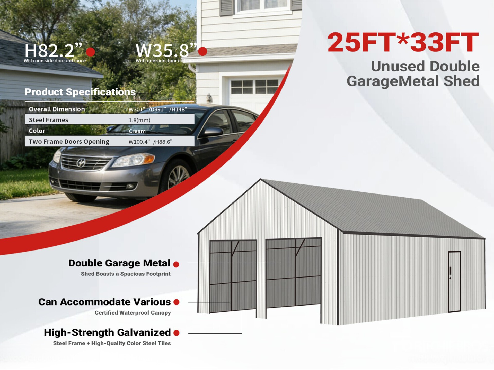 2026 SDL2533DGMS 25 ft x 33 ft Double Garage Metal Shed (Unused)
