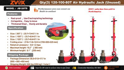 Quantity of (3) 2026 ZVOX JB120TS Air Hydraulic Floor ジャッキ (Unused)