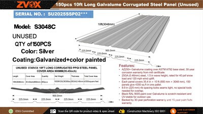 Quantity of (150) 2026 ZVOX S3048C Galvalume Corrugated Steel Panels (Silver) (Unused)