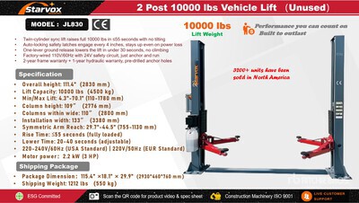 2026 STARVOX JL830 2 Post 10000 lb Vehicle Lift (Unused)