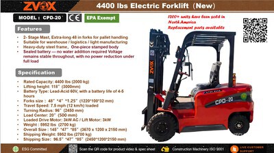 2026 ZVOX CPD-20 4400 lb Electric Forklift (Unused)
