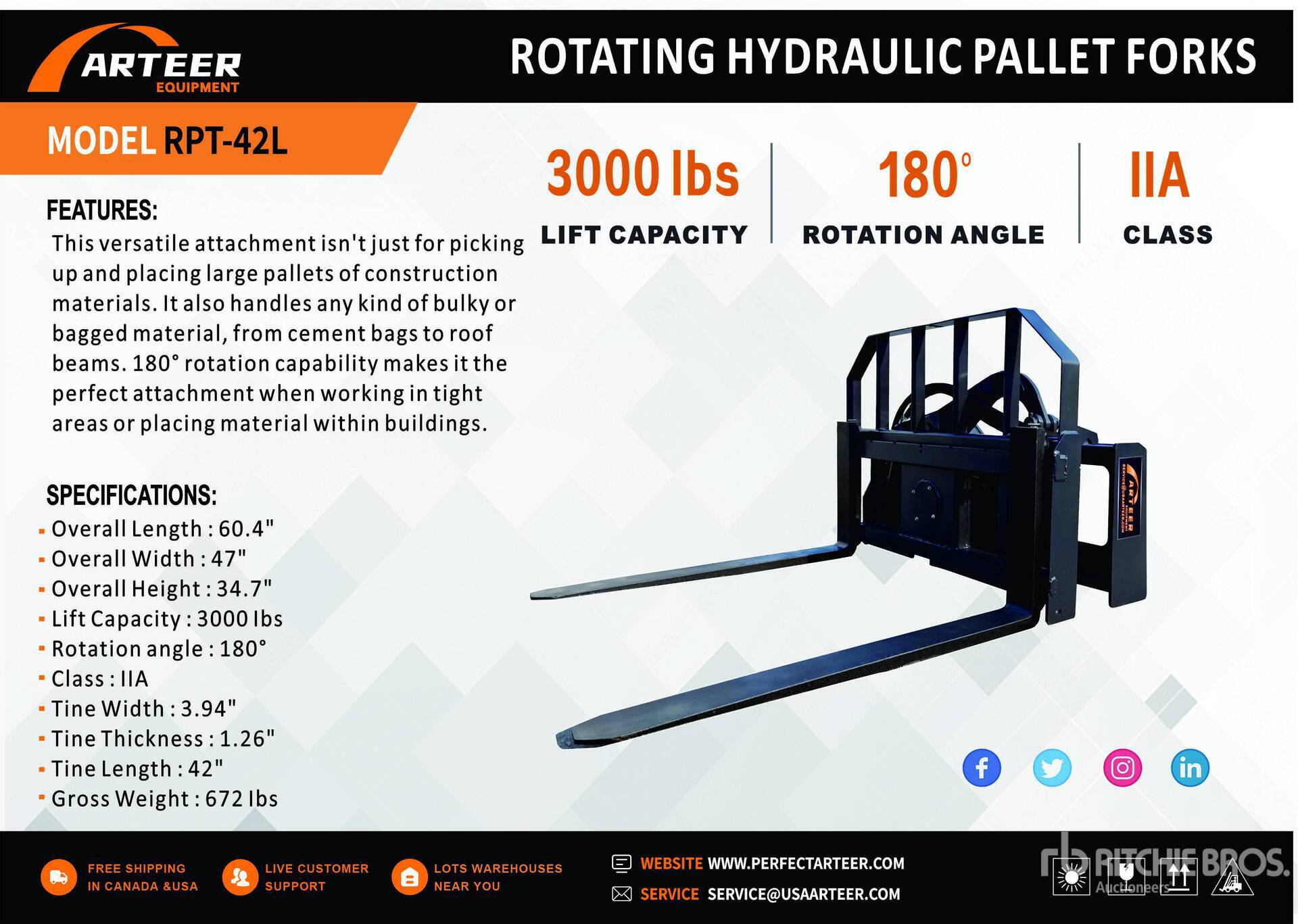 2026 ARTEER RPT-42L 60 in Rotating Hydraulic Skid Steer Forks (Unused)