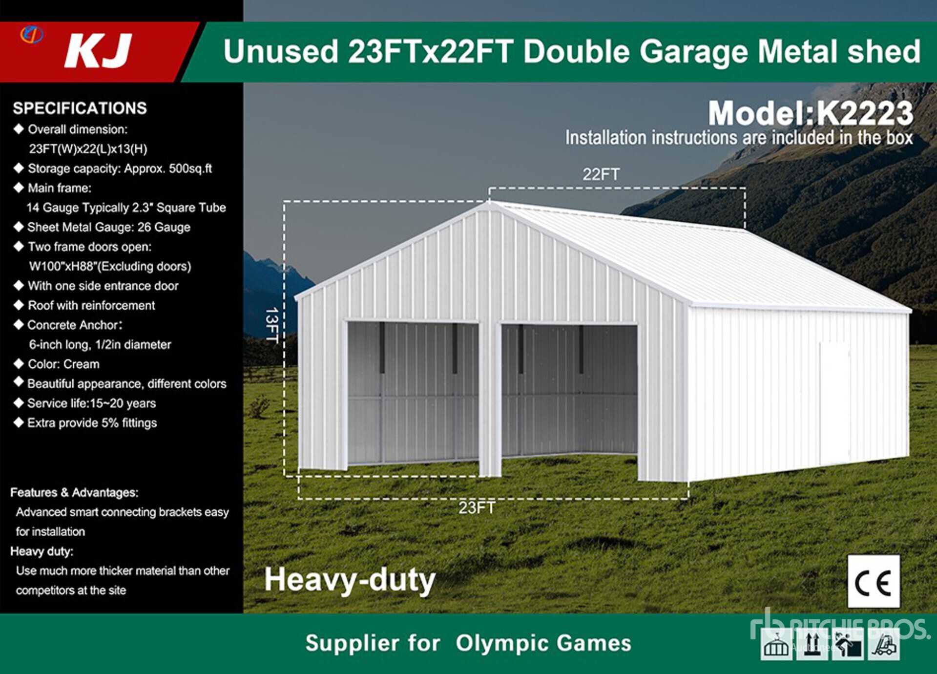 2026 KJ K2223 23 ft x 22 ft Double Garage Metal Storage Building (Unused)