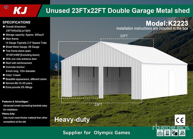 2026 KJ K2223 23 ft x 22 ft Double Garage Metal Storage Building (Unused)