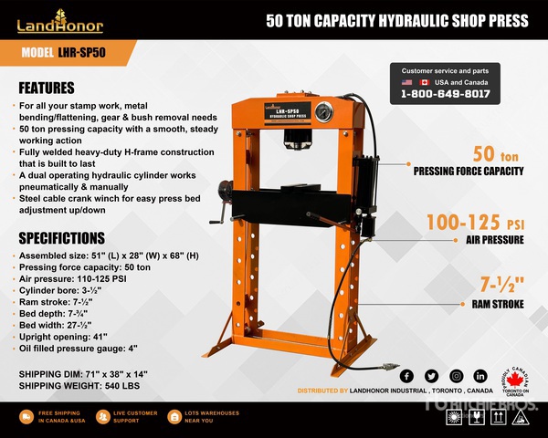 2026 Landhonor LHR-SP50 50 ton Shop Press (Unused)