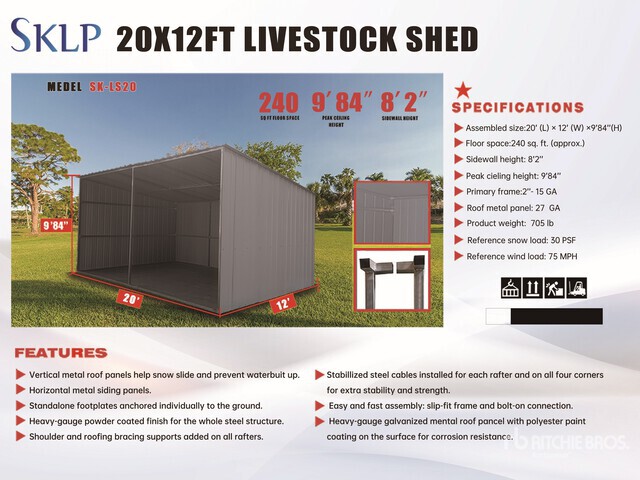 2026 SKLP SK-LS20 20 ft x 12 ft Metal Livestock Shelter (Unused)