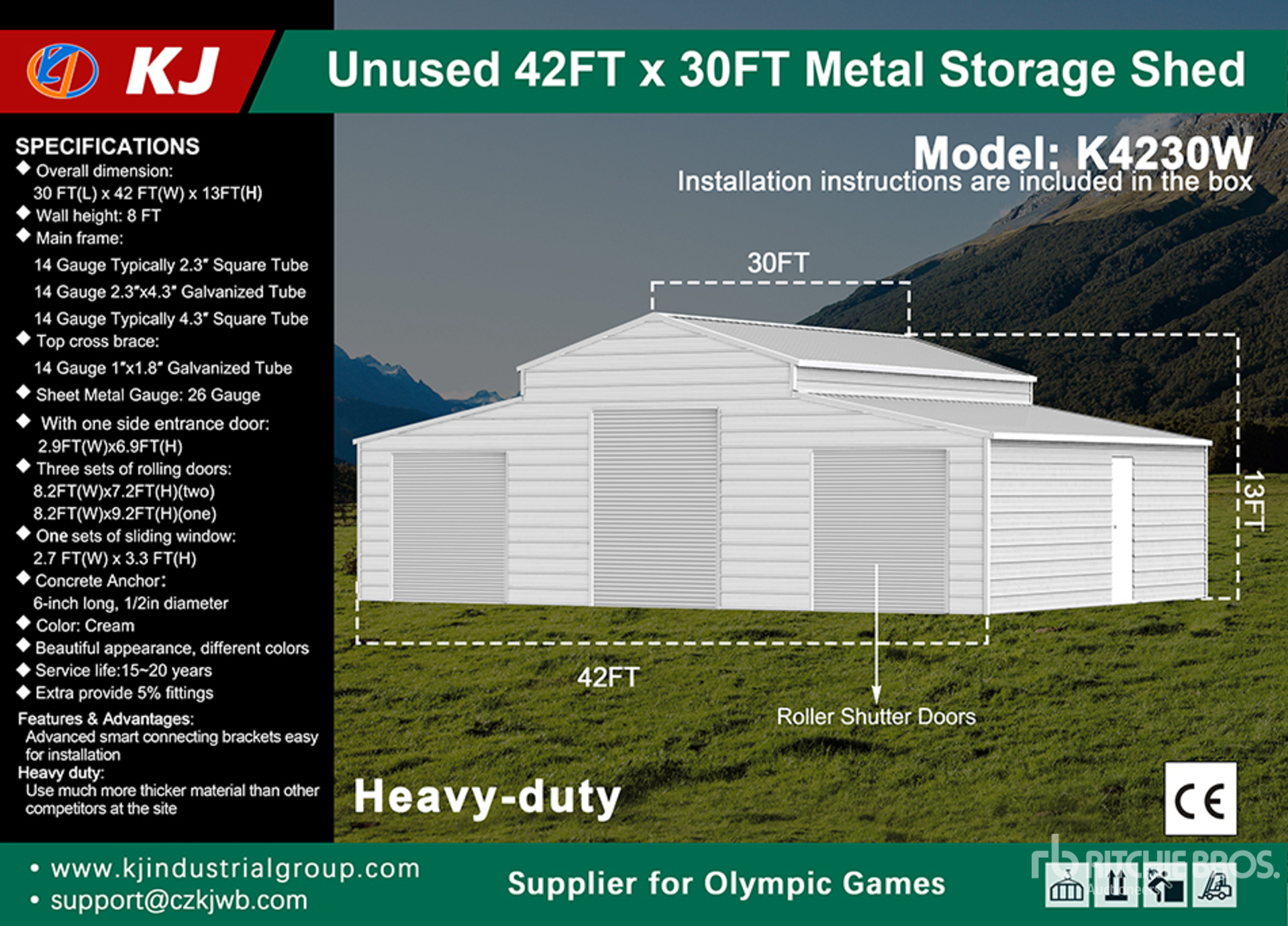 2026 KJ K4230W 42 ft x 30 ft Triple Garage Metal Storage Shed (Unused)