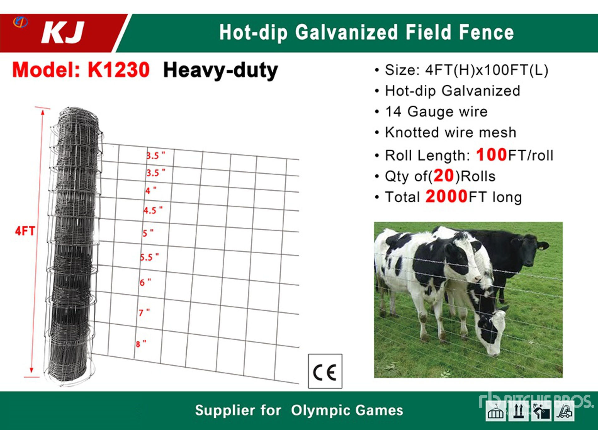 Quantity of (20) 2026 KJ K1230 100 ft x 4 ft Galvanized Farm Fencing (Unused)