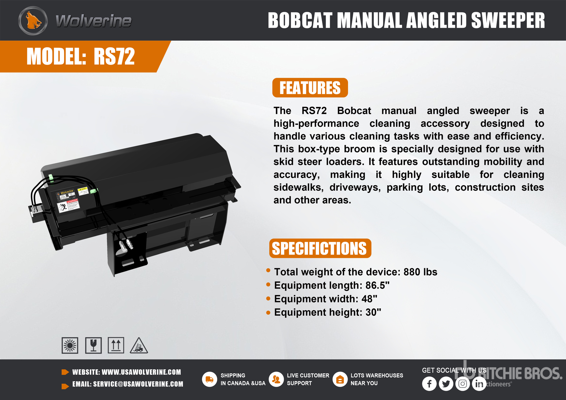 2026 Wolverine PS72 Bobcat Manual Angled Skid Steer Sweeper (Unused)