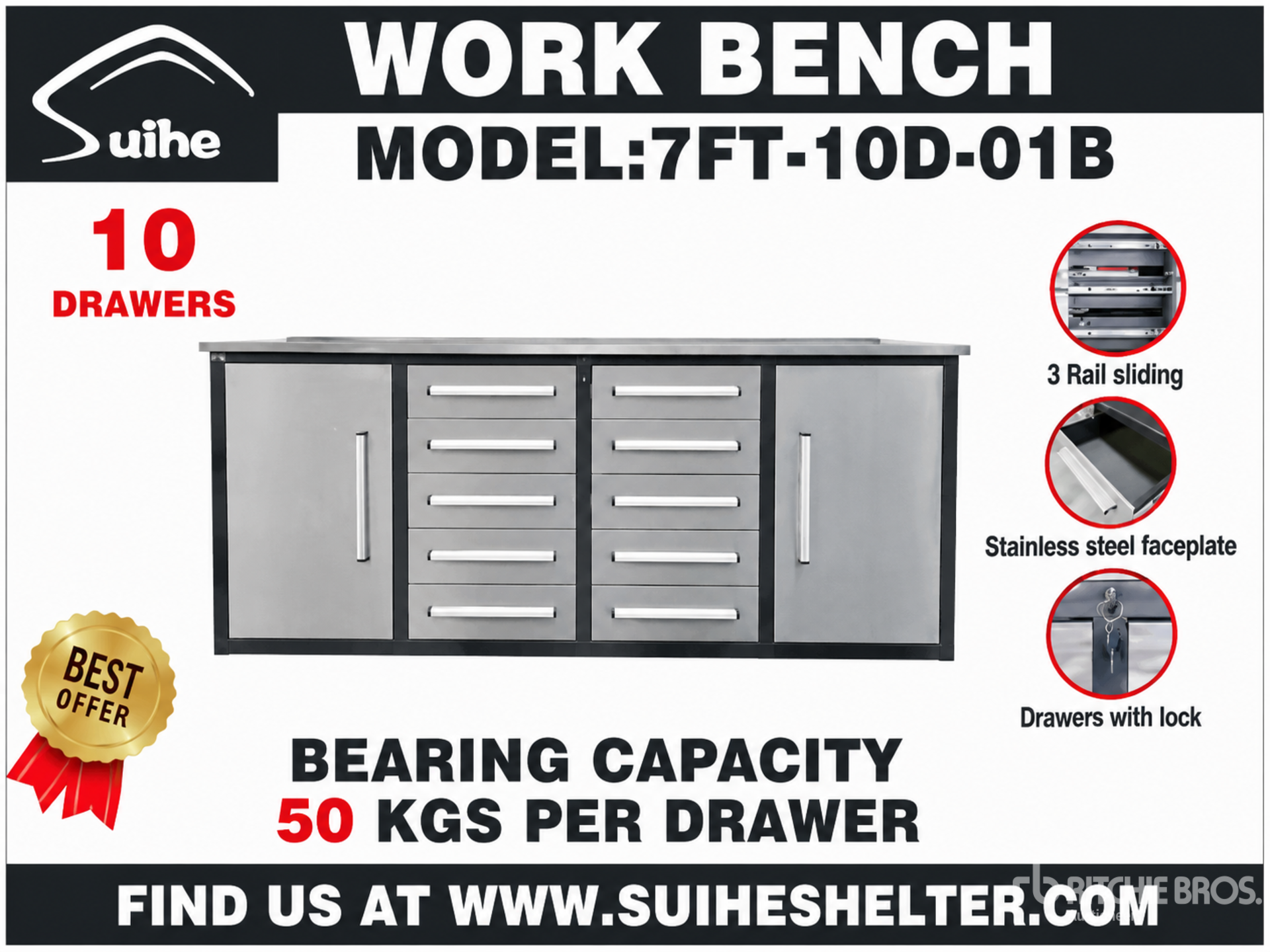 2026 Suihe NWB-10DS-2-7 7 ft 10-Drawer Workbench (Unused)