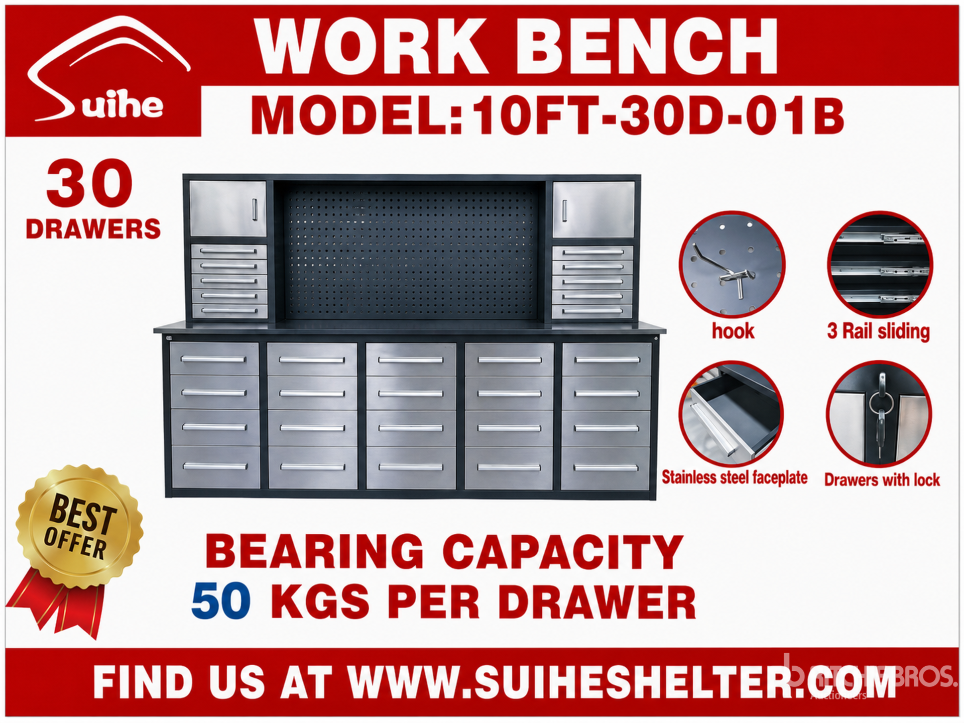 2026 Suihe NWB-H30DS-10 10 ft 30-Drawer Workbench (Unused)