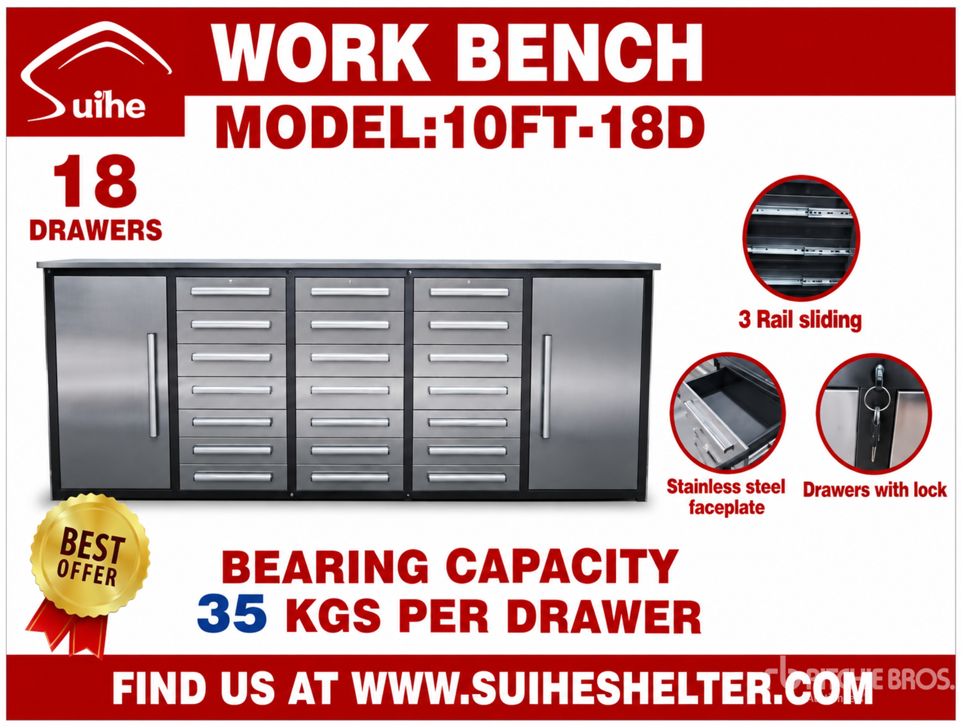 2024 Suihe NWB-18DS-2B -10 10 ft 18-Drawer Workbench (Unused)