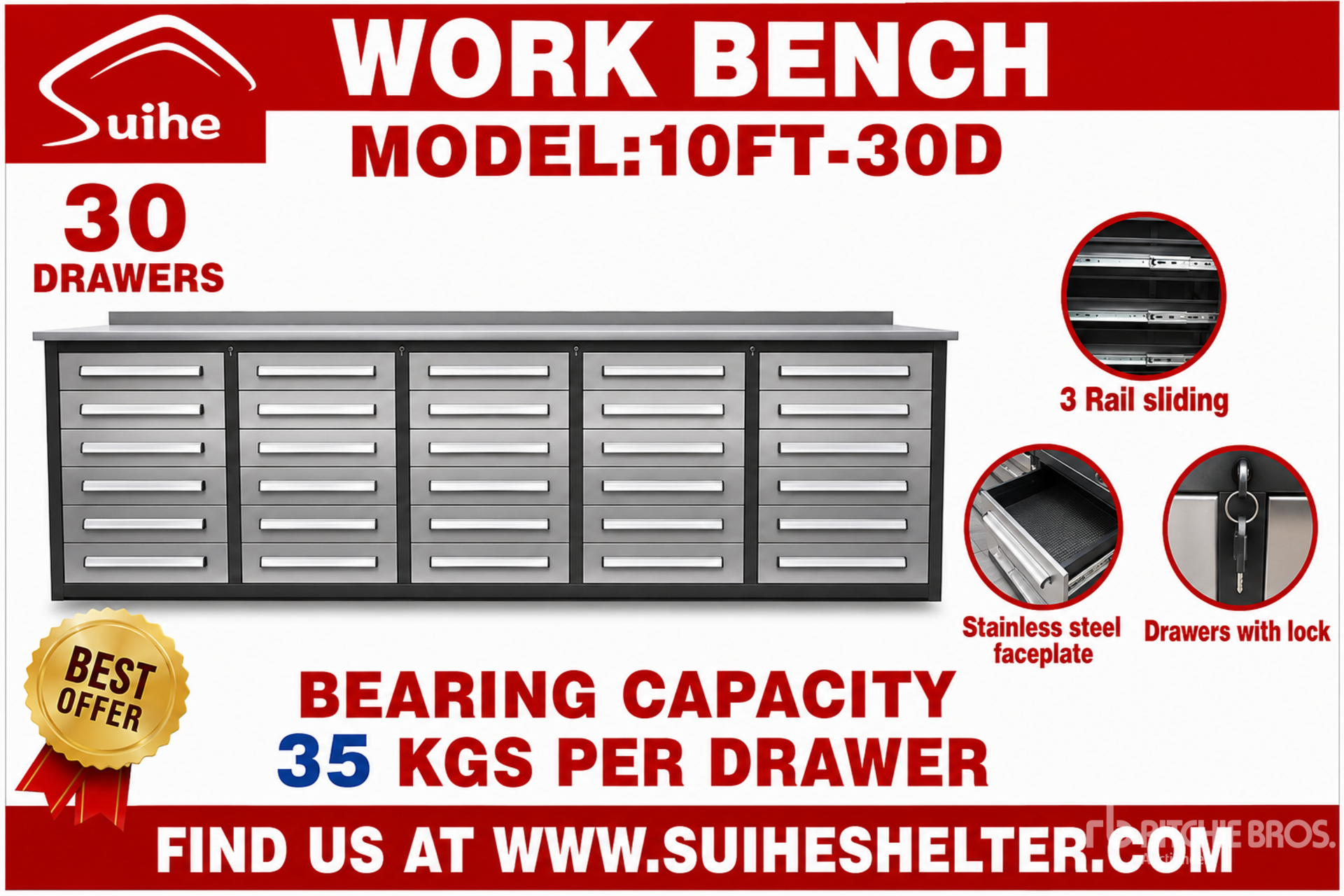 2026 Suihe NWB-30DS -10 10 ft 30-Drawer Workbench (Unused)