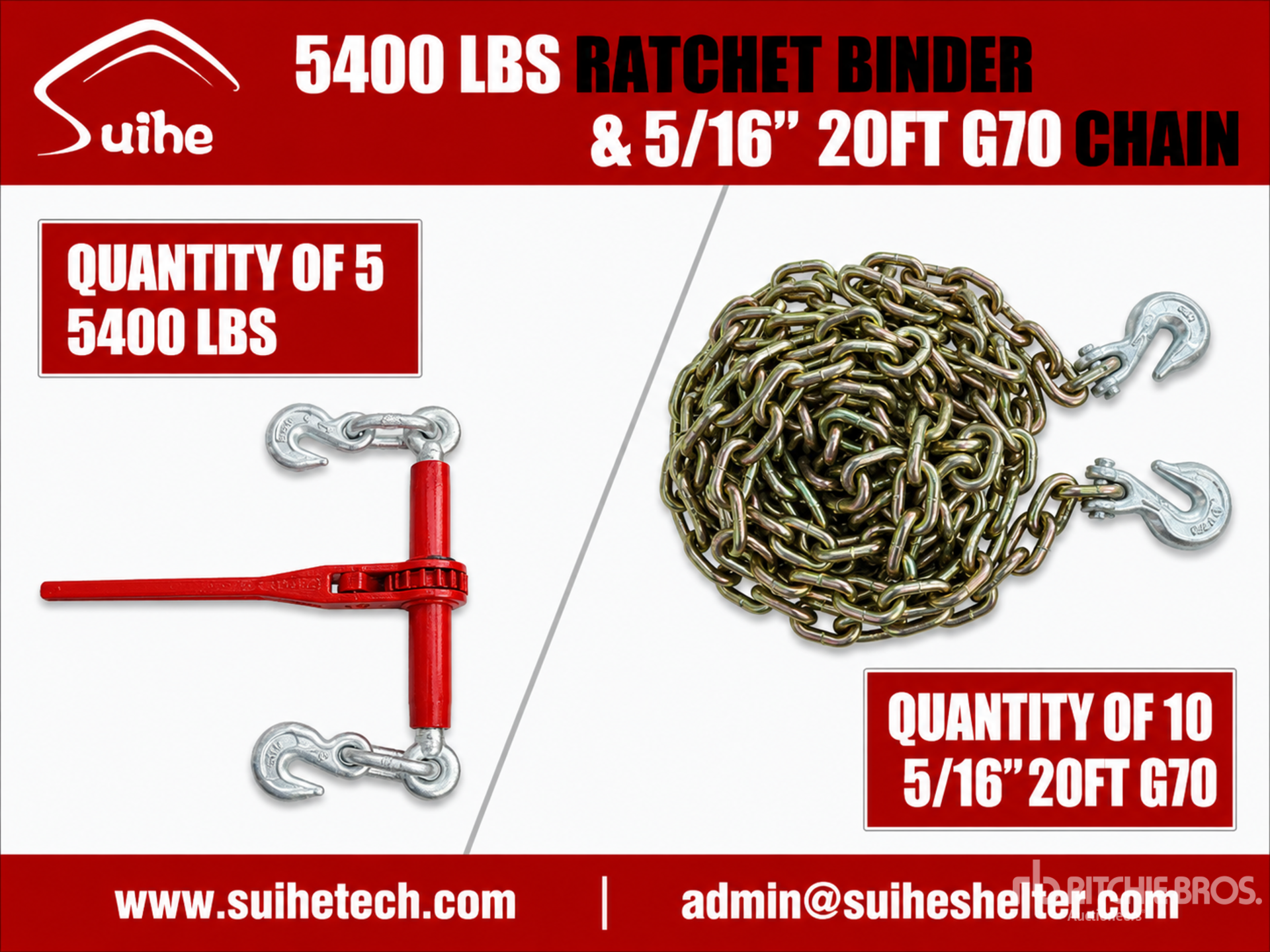 Quantity of (5) 2026 Suihe BC-5400 5400 lb Ratchet Binders & (10) 20 ft Chains (Unused)