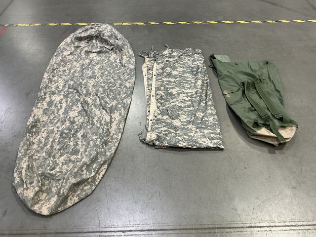 (19) Bivy Covers, (6) Tarpaulins, (59) Duffel Bags & Assorted Items