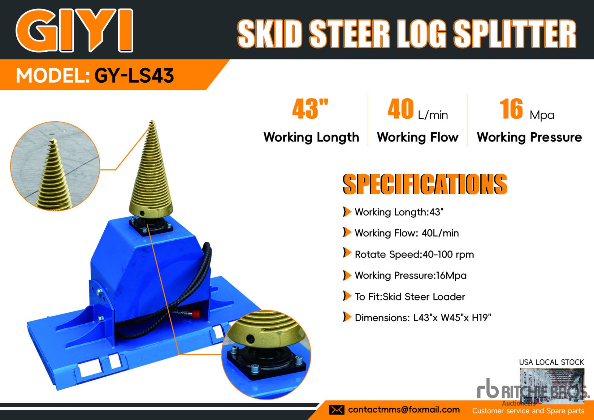 2026 GIYI GY-LS43 43 in Skid Steer Log Splitter (Unused)