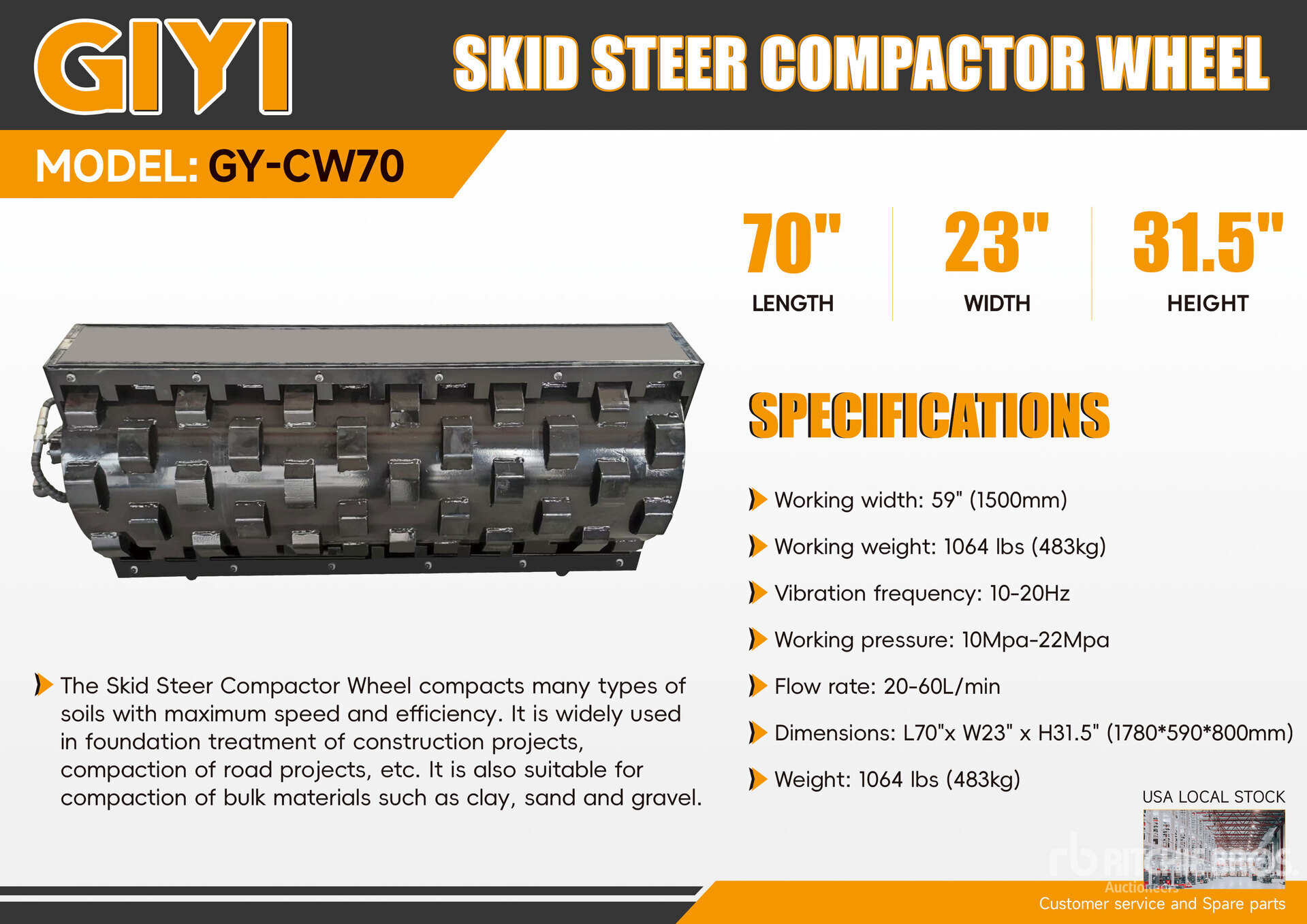 2026 GIYI GY-CW70 70 in Padfoot Skid Steer Vibratory Roller (Unused)
