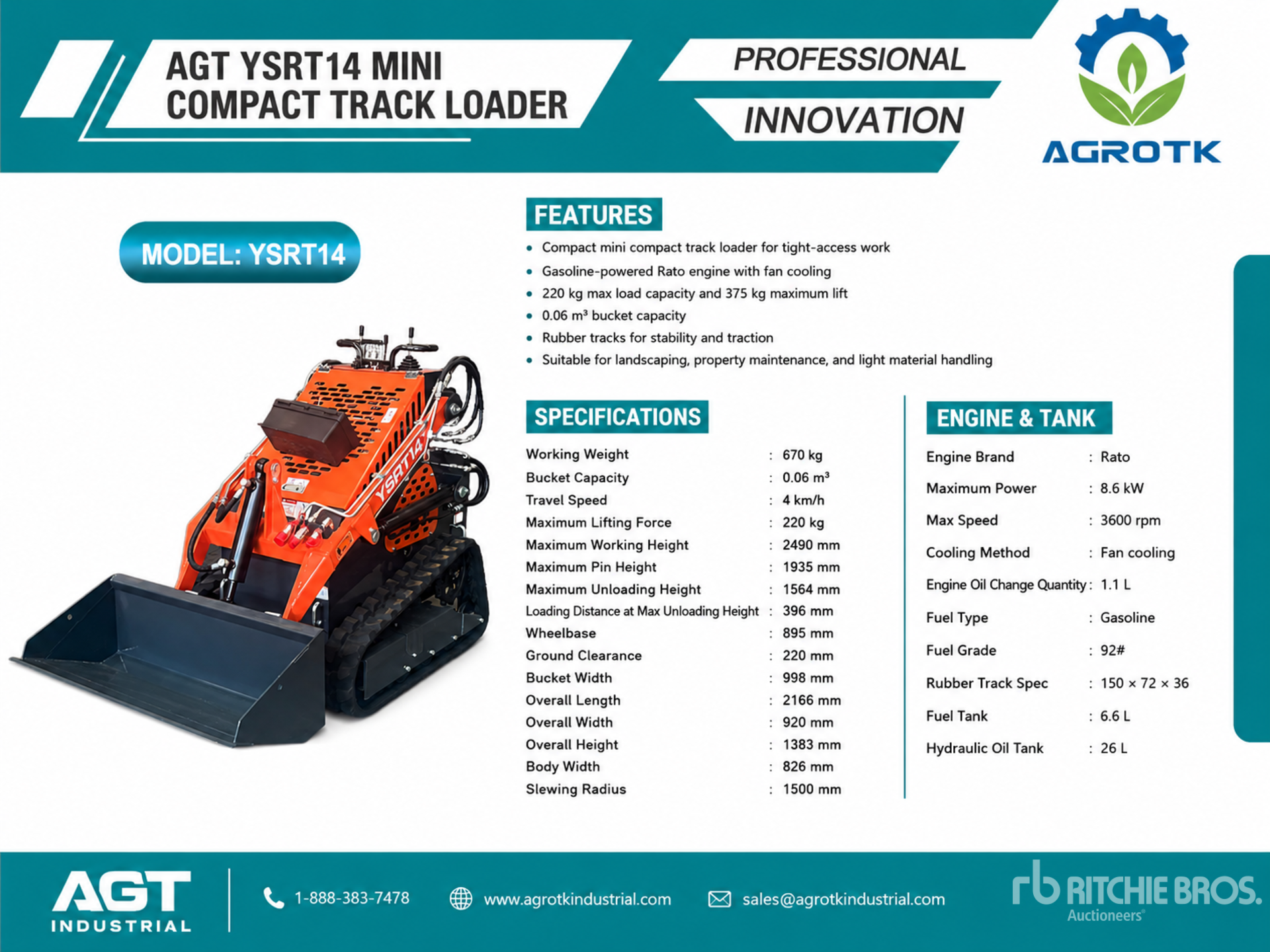 2026 AGT YSRT14 Mini Compact Track Loader (Unused)