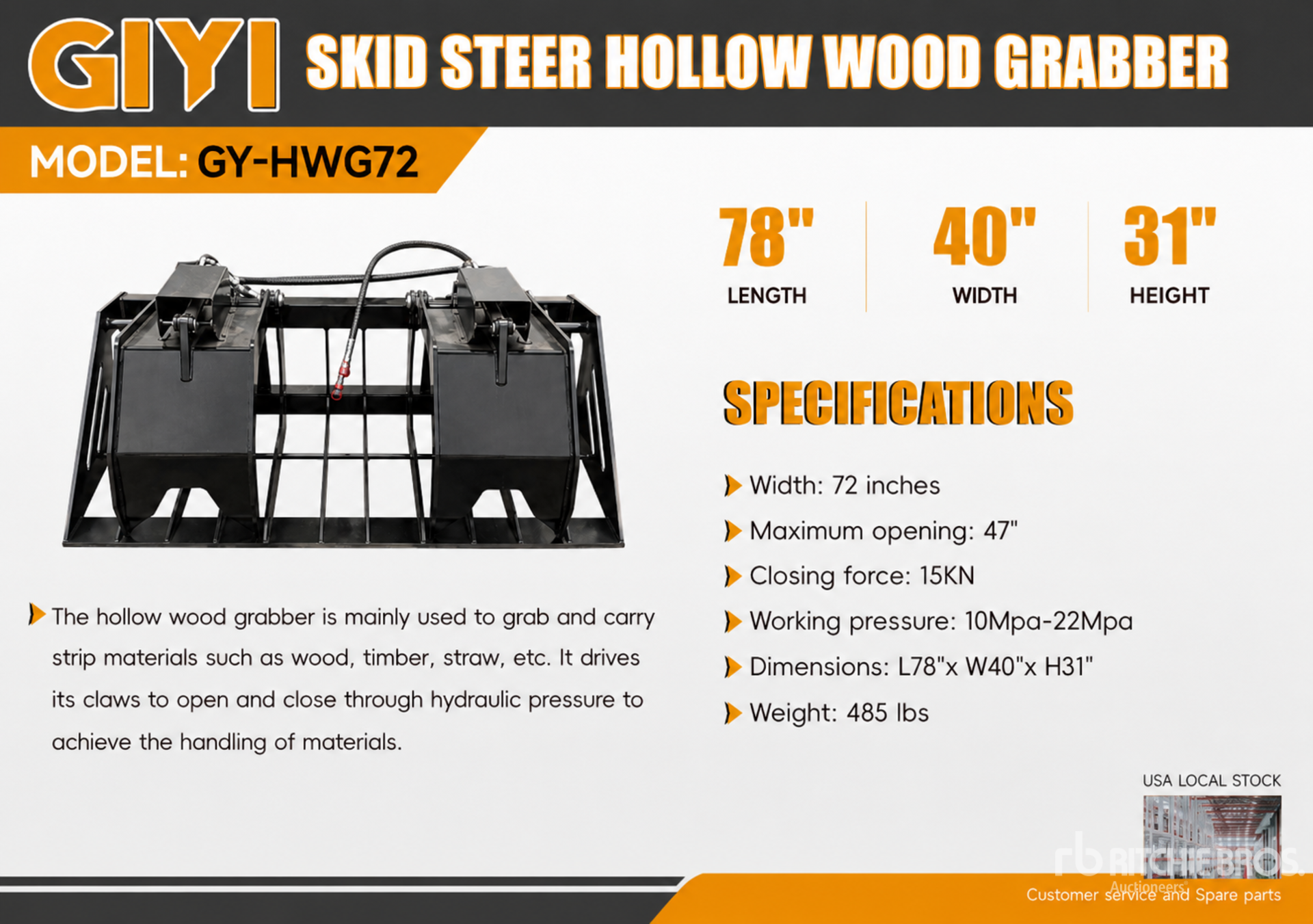 2026 GIYI GY-HWG72 72 in Skeleton Skid Steer Grapple (Unused)