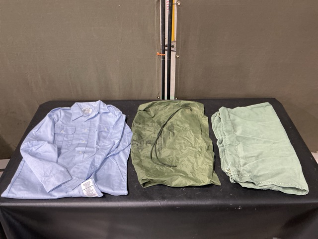 (104) Barracks Bags, (24) Men's Shirts, (80) Clothing Bags & Assorted Items