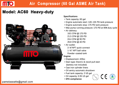 2026 MTO AC60 26.8 cfm Skid-Mounted 60 gal Sprężarka powietrza (Unused)