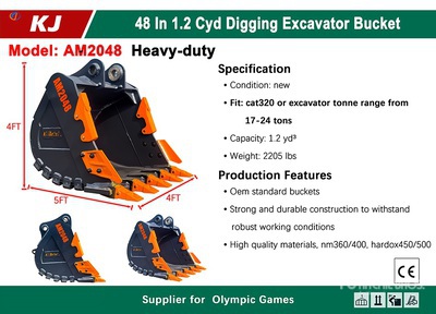 2026 KJ AM2048 48 in 1.2 cyd Digging Excavator Bucket - Fits Cat 320 / 17 - 24 ton (Unused)
