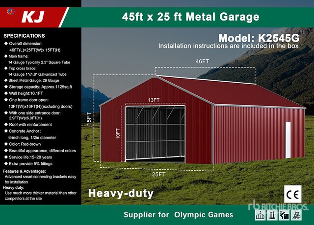 2026 KJ K2545G 25 ft x 45 ft Metal Garage Storage Building (Unused)