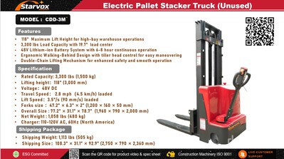 2026 STARVOX CDD-3M 3300 lb **DAMAGED** Apilador Eléctrico