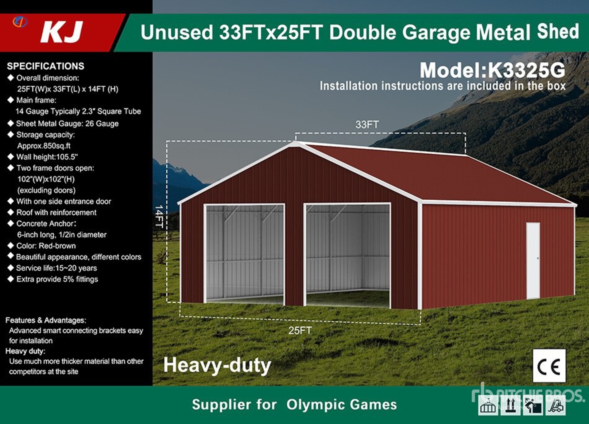 2026 KJ K3325G 25 ft x 33 ft Double Garage Metal Storage Building (Unused)