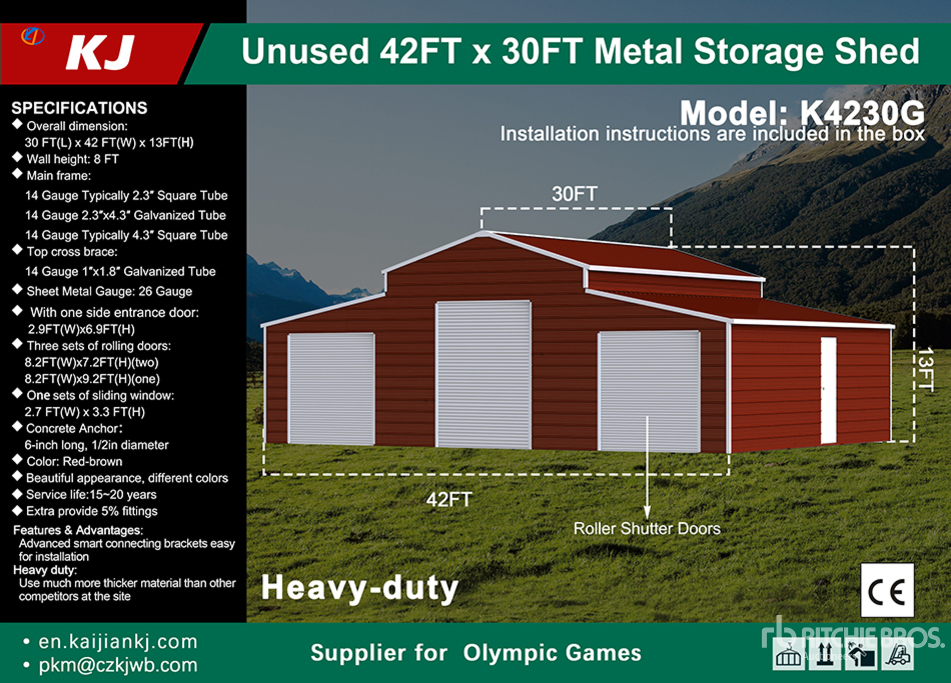 2026 KJ K4230G 42 ft x 30 ft Triple Garage Metal Storage Shed (Unused)