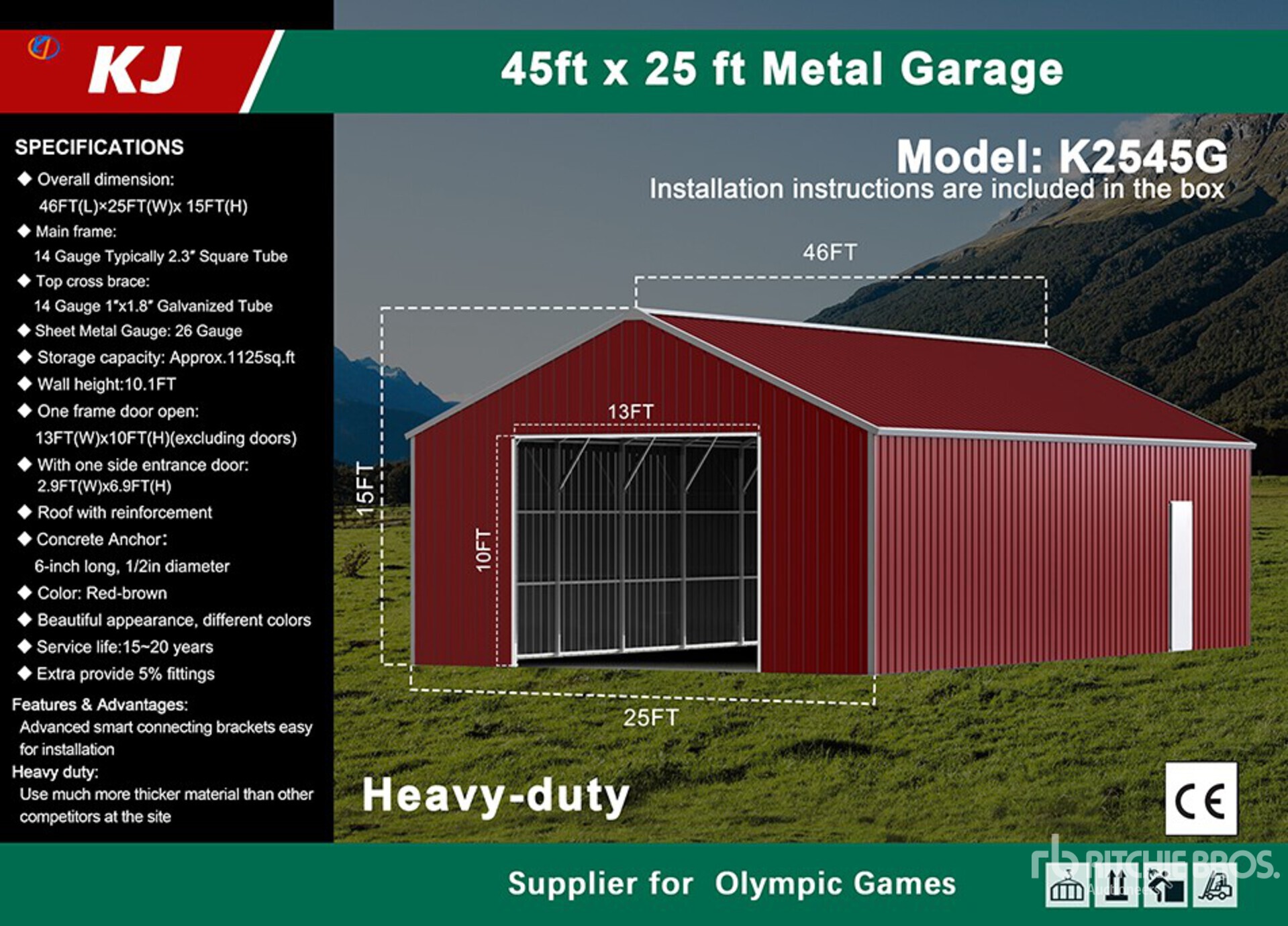 2026 KJ K2545G 25 ft x 45 ft Metal Garage Storage Building (Unused)