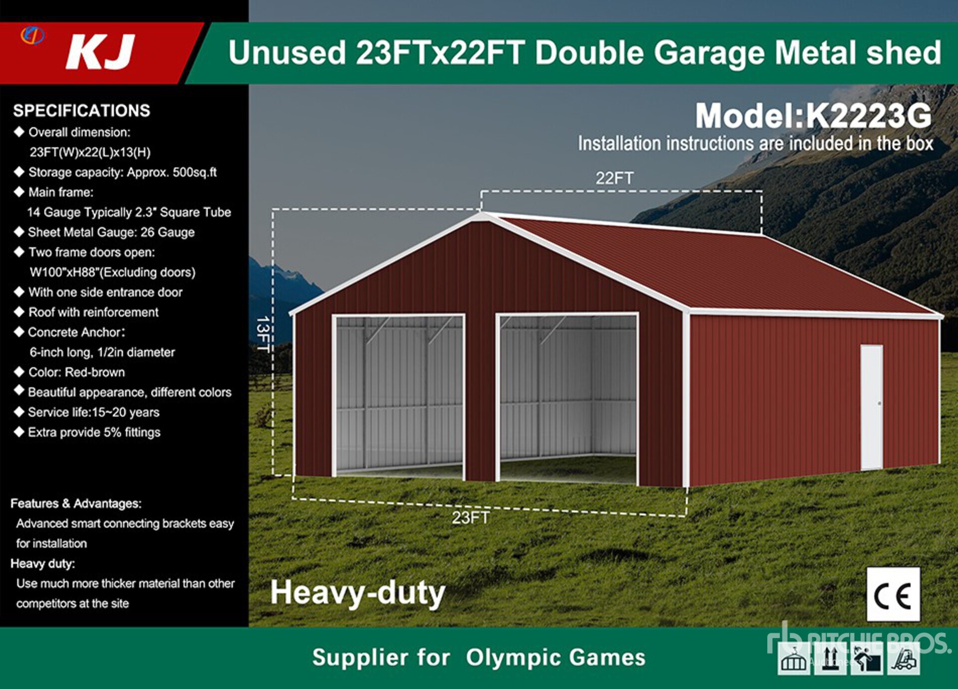 2026 KJ K2223G 23 ft x 22 ft Double Garage Metal Storage Building (Unused)