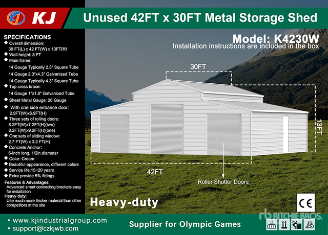 2026 KJ K4230W 42 ft x 30 ft Triple Garage Metal Storage Shed (Unused)