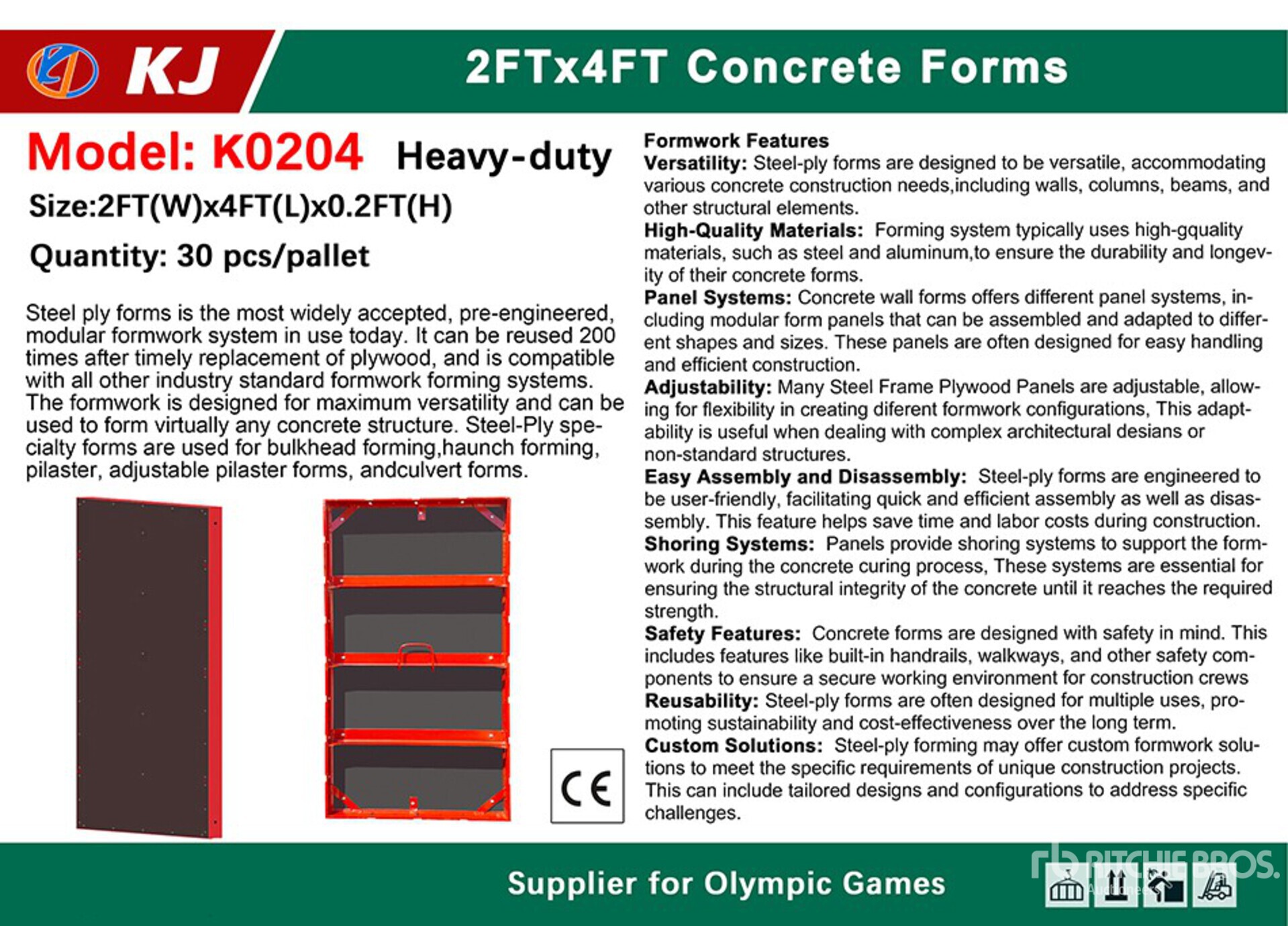 Quantity of (30) 2026 KJ K0204 Steel Frame Concrete Forms (Unused)