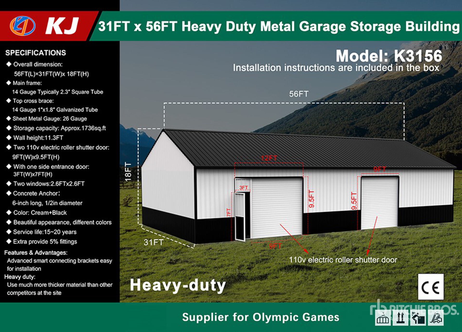 2026 KJ K3156 31 ft x 56 ft Heavy Duty Metal Garage Storage Building (Unused)