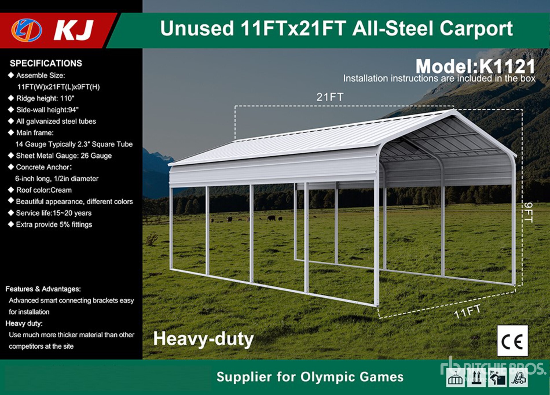 2026 KJ K1121 11 ft x 21 ft All-Steel Carport (Unused)