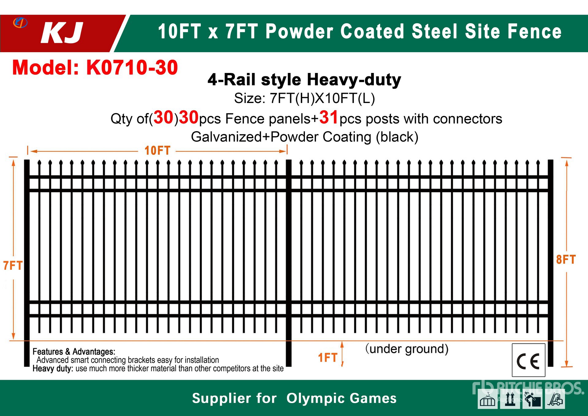 Quantity of (30) 2026 KJ K0710-30 10 ft x 7 ft Powder Coated Fencing (Unused)