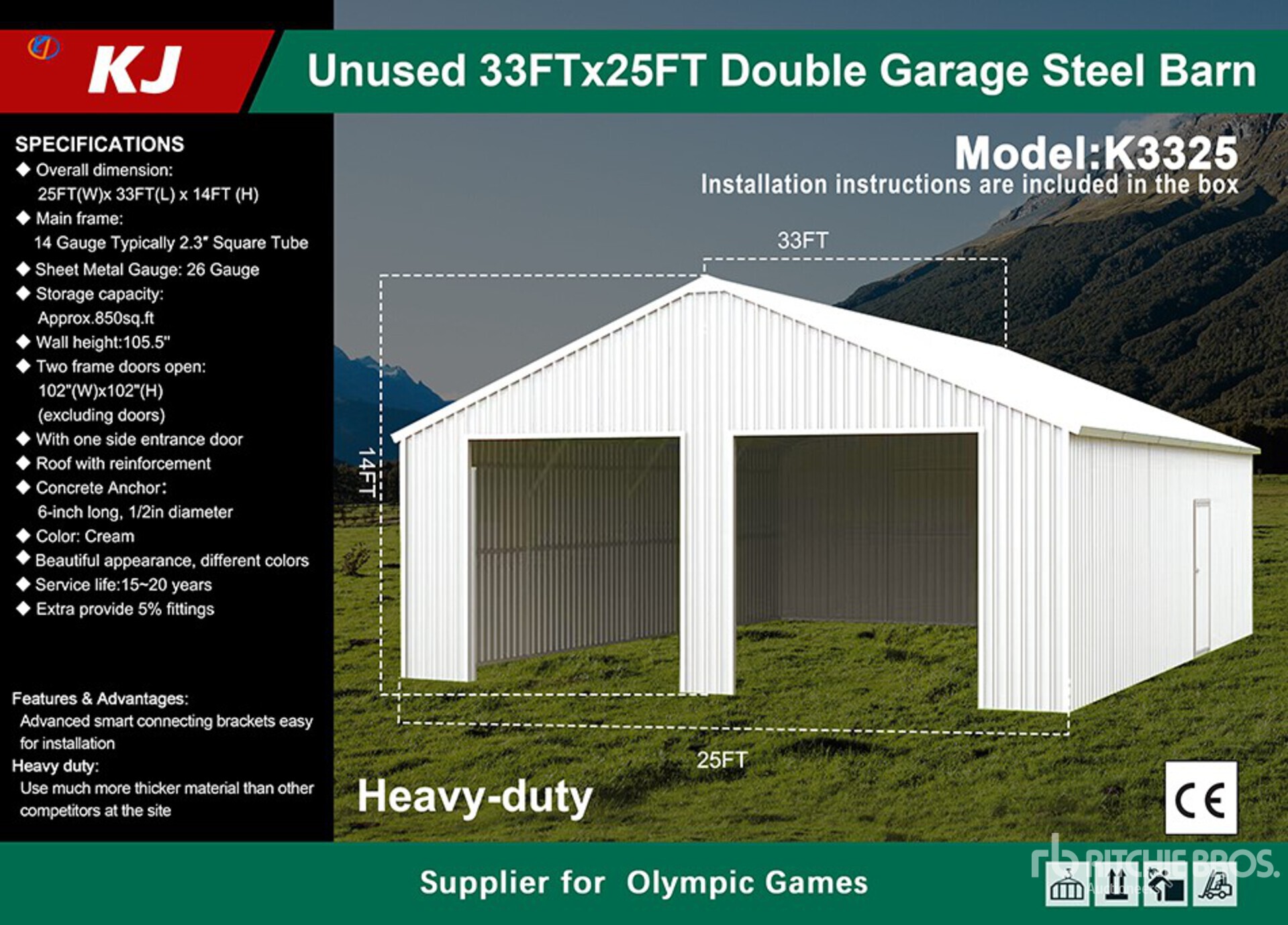 2026 KJ K3325 25 ft x 33 ft Double Garage Metal (Unused)