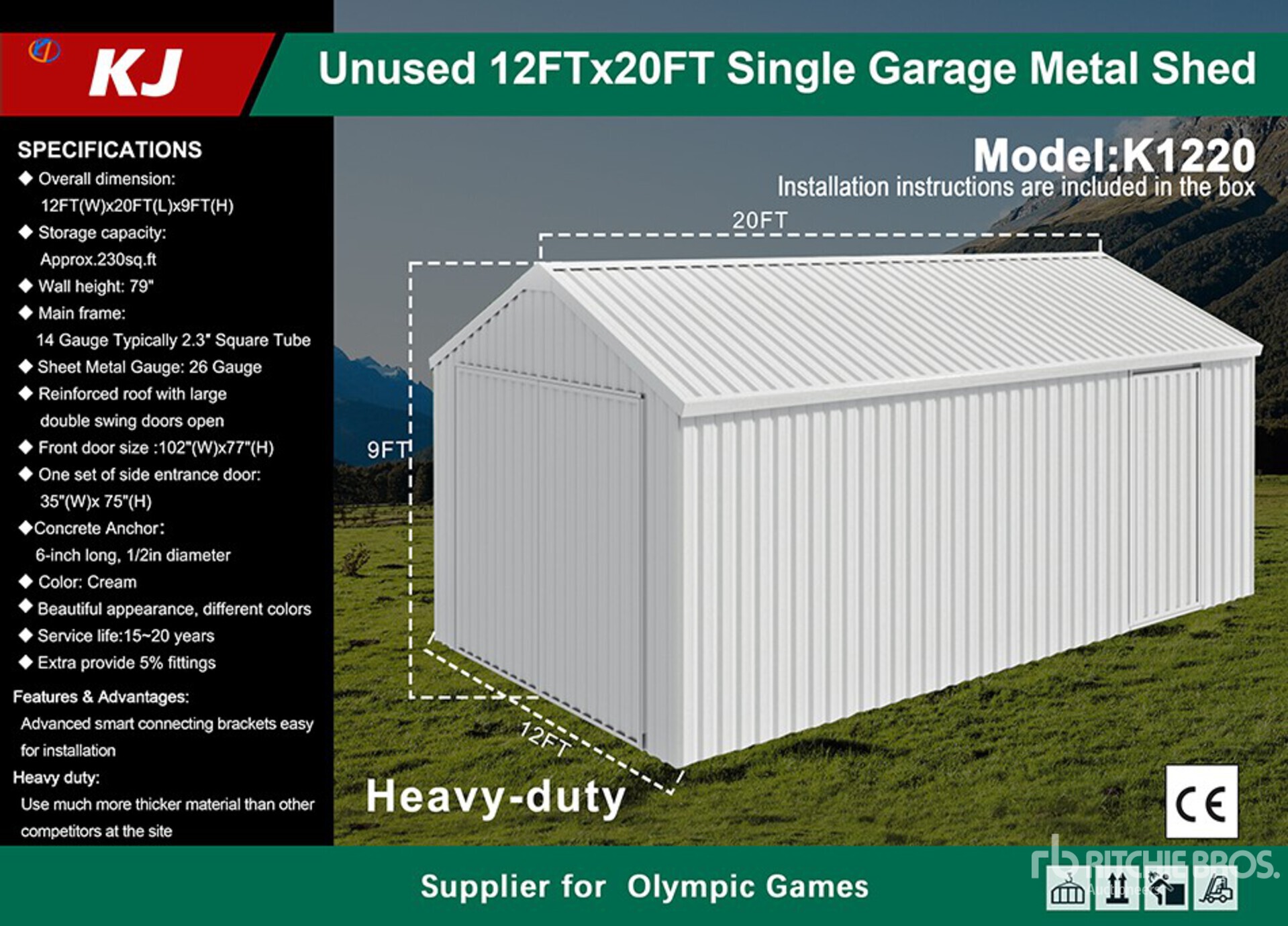 2026 KJ K1220 12 ft x 20 ft Metal Garage (Unused)