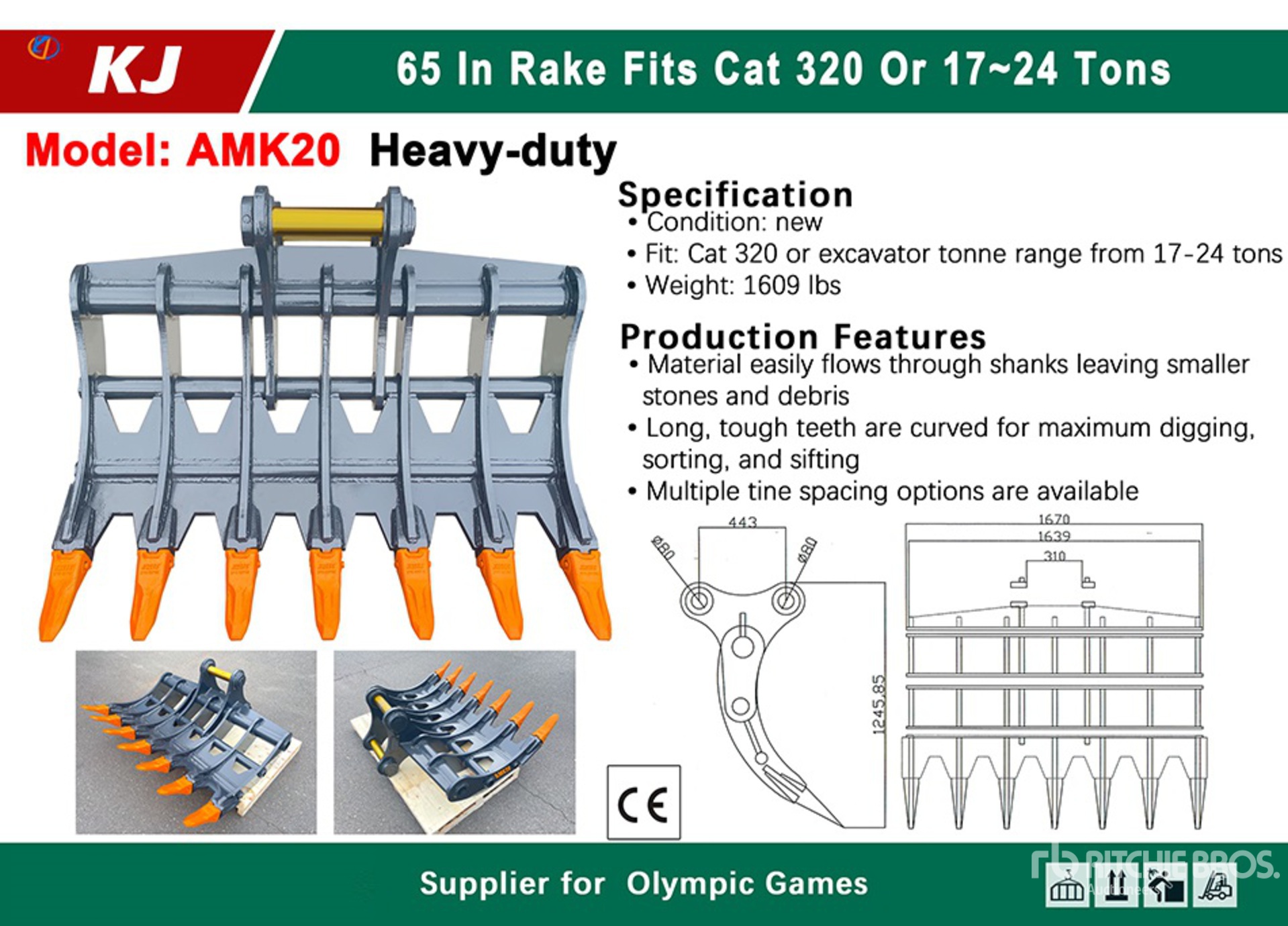 2026 KJ AMK20 65 in Excavator Rake - Fits Cat 320 / 17 - 24 ton (Unused)