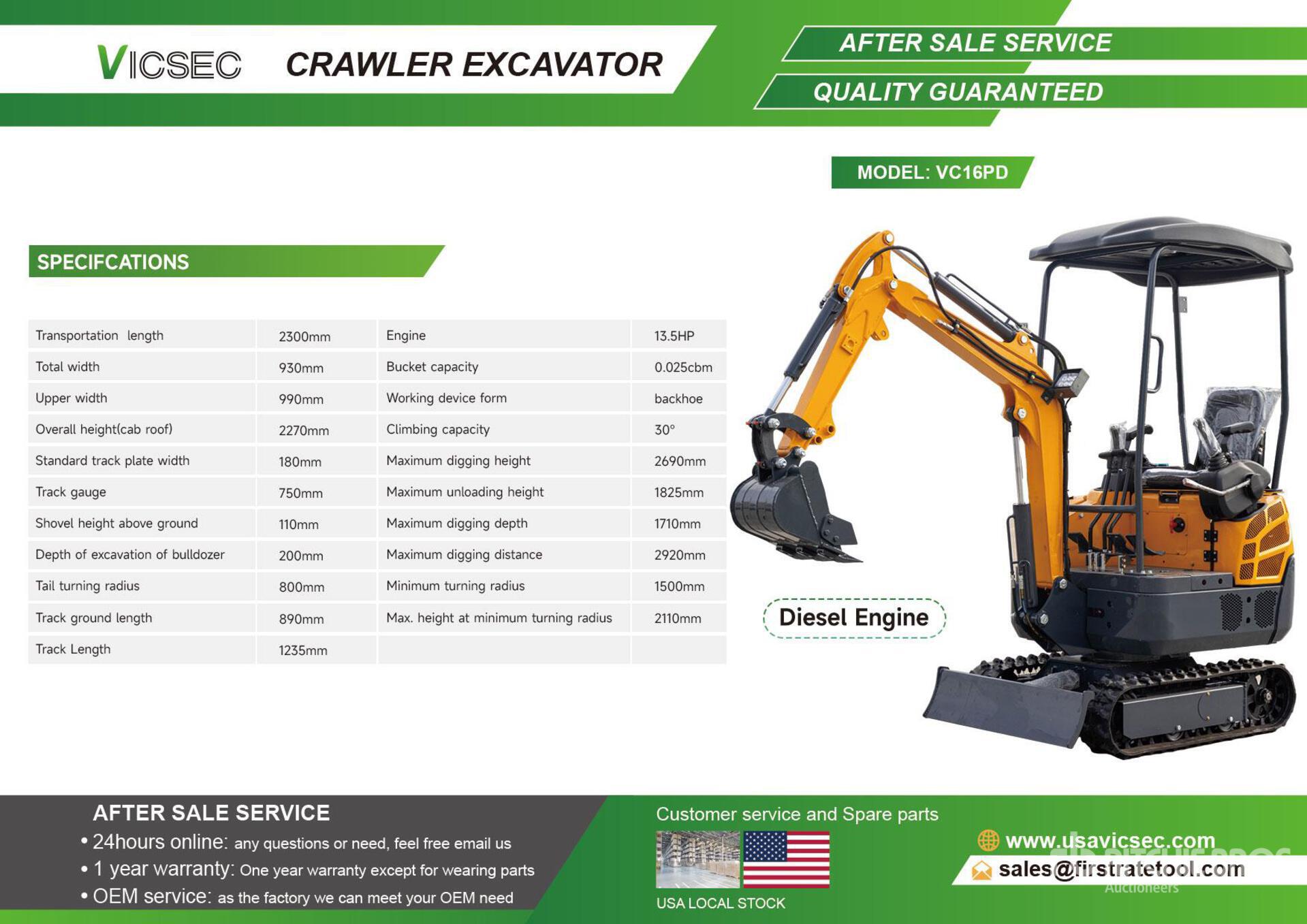 2026 VICSEC VC16PD Diesel Engine Mini Excavator (Unused)