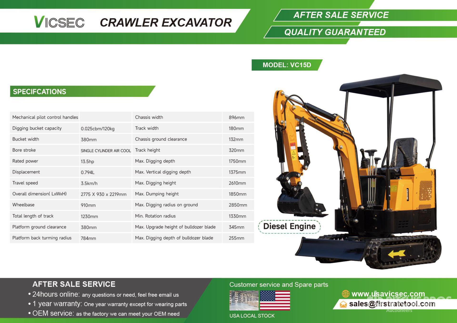 2026 VICSEC VC15D Diesel Engine Mini Excavator (Unused)