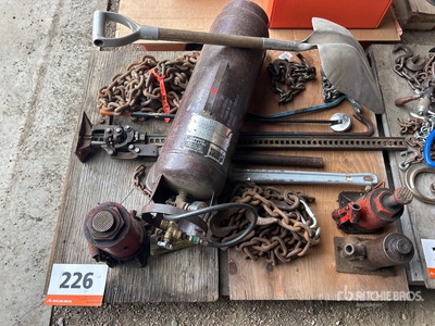 High lift Jack, Bottle Jack, Chains, Air Tank, Shovel & Crow Bar Jack