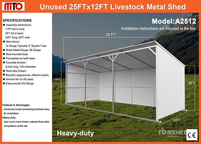 2026 MTO A2512 25 ft x 12 ft Metal Livestock Shelter (Unused)