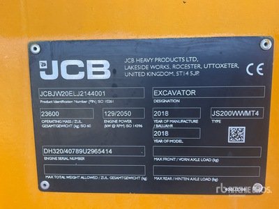 2018 JCB JS200WMT4 Wheel Excavator
