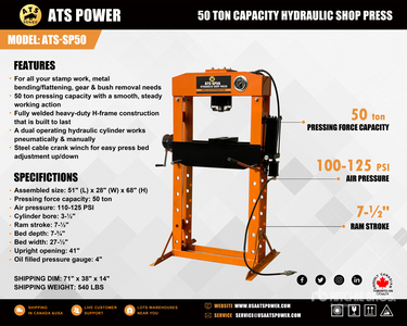 2026 ATS POWER ATS-SP50 50 ton Hydraulic ショッププレス (Unused)