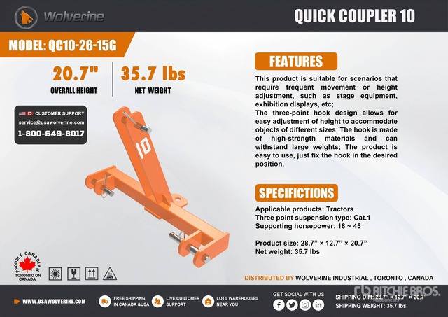 2026 Wolverine QC10-26-15G Quick Coupler 10 3-Point Hitch (Unused)