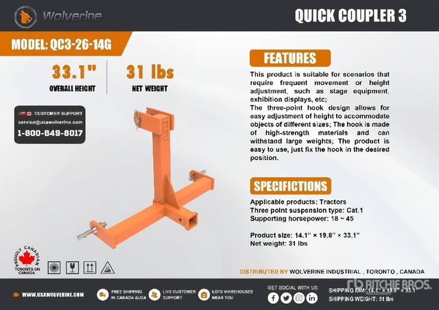 2026 Wolverine QC3-26-14G Quick Coupler 3 3-Point Hitch (Unused)