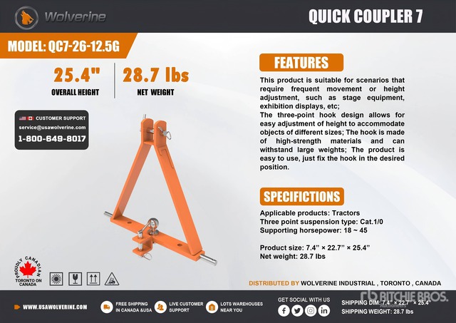 2026 Wolverine QC7-26-12.5G Quick Coupler 7 3-Point Hitch (Unused)